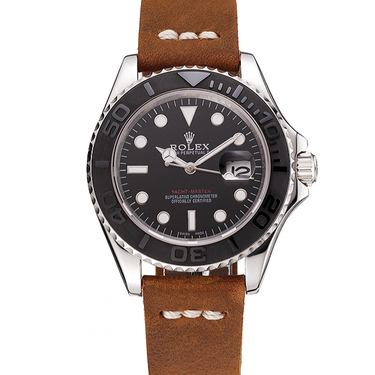 Aaa replica watch Bracelet Brown Leather 1453859 Master Dial Yacht Case Silver Rolex Black 0822